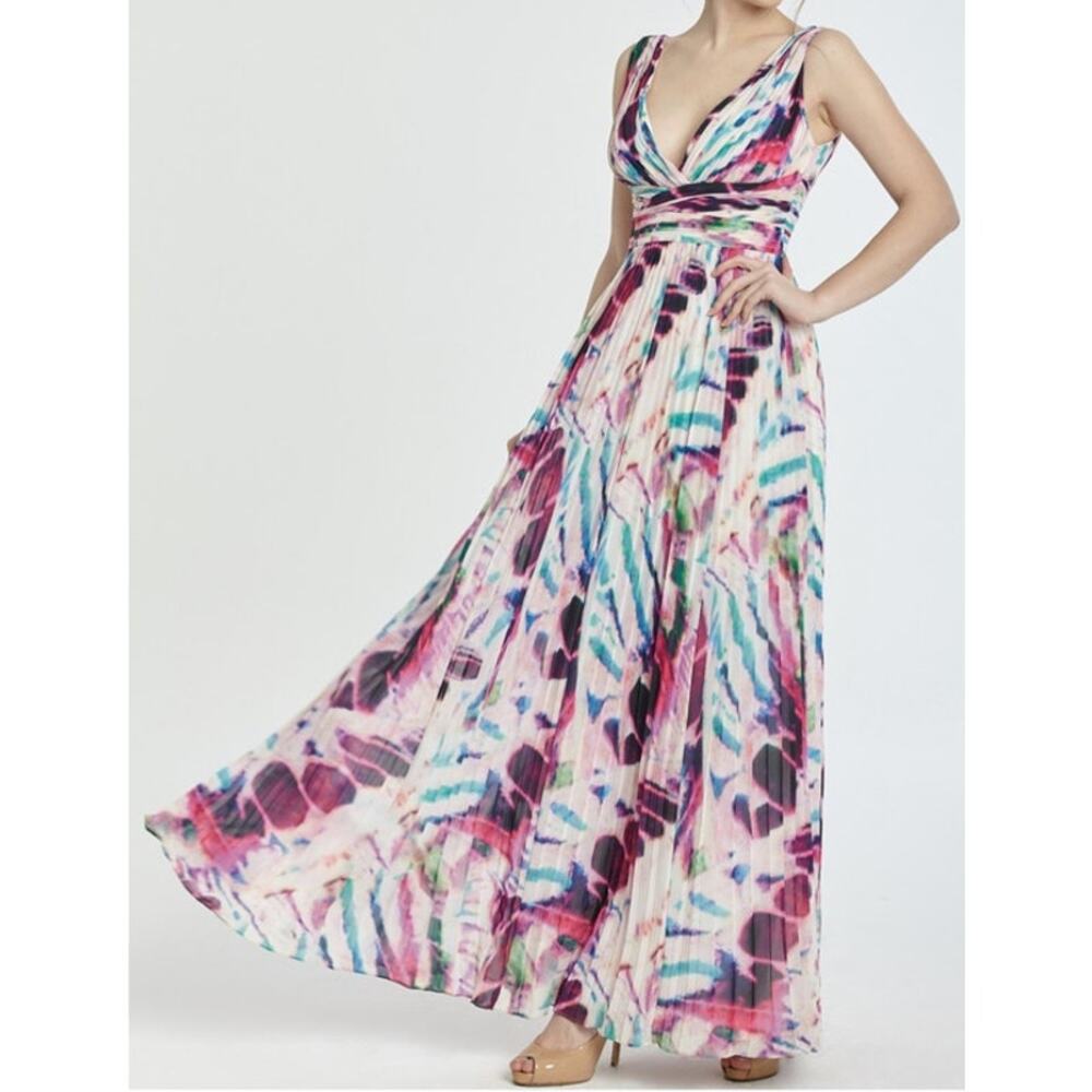 Aidan Mattox Women's V-Neck Tie Dye Pleated Chiffon Maxi Prom Formal Dress 2